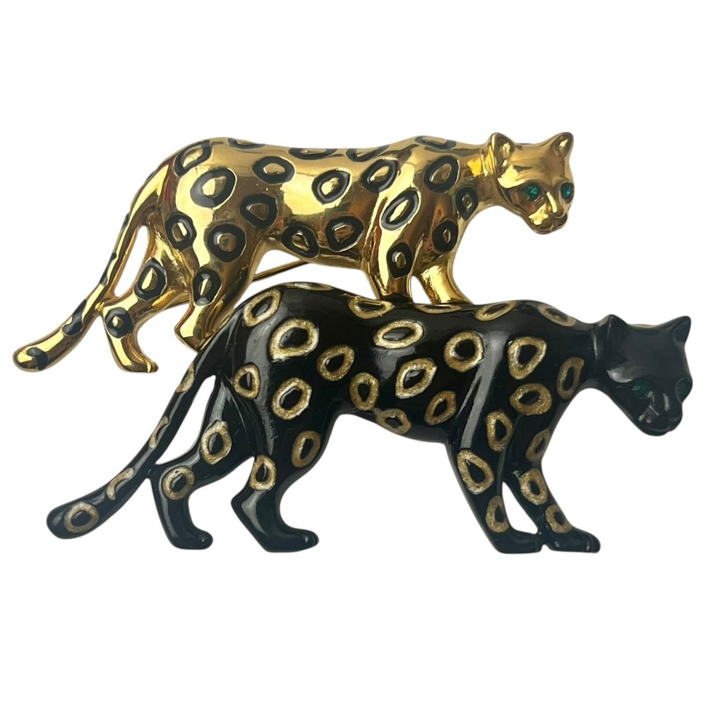 Vintage Two Leopard Panther‎ Big Cats Brooches Pins Elegant Enamel Signed "FC"